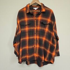 Old Navy Boyfriend Flannel Shirt Womens 2X Orange Black Plaid Evermore Swiftie